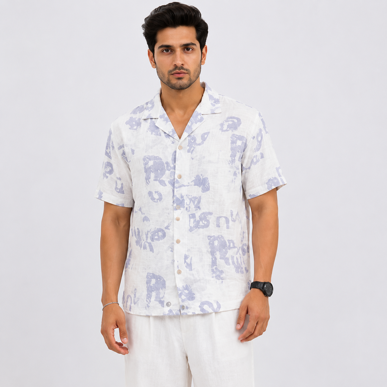 BB-6801 WHITE PURPAL SMART FIT PRINTED SHIRT