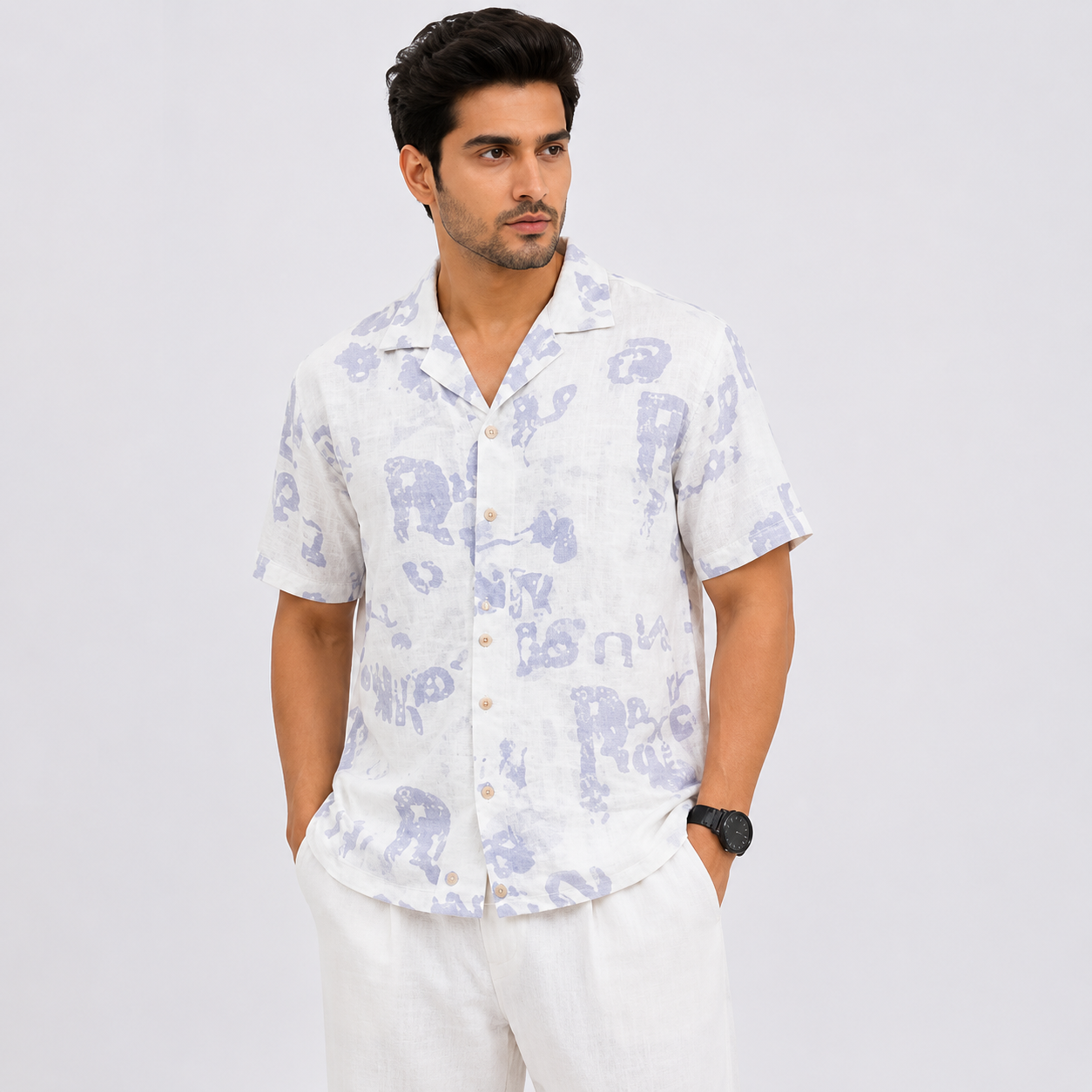 BB-6801 WHITE PURPAL SMART FIT PRINTED SHIRT