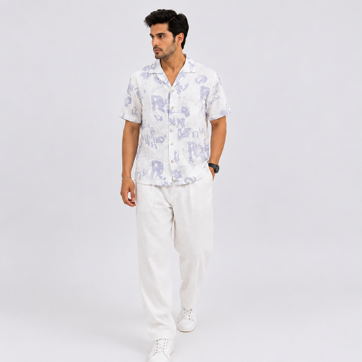 BB-6801 WHITE PURPAL SMART FIT PRINTED SHIRT