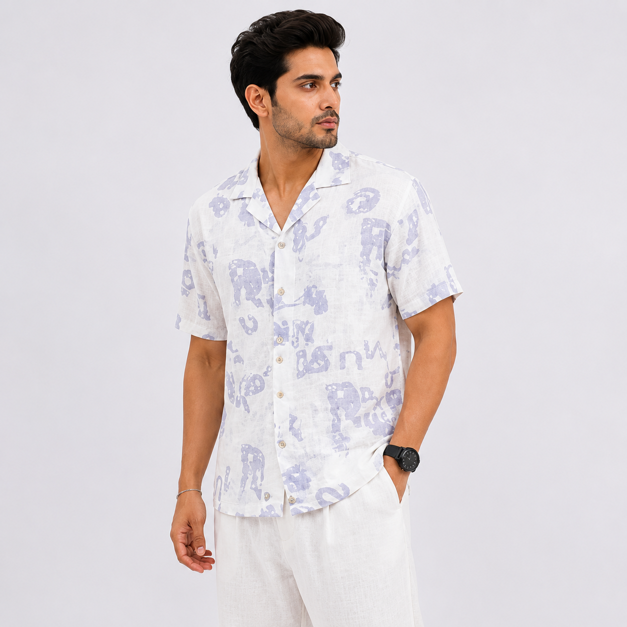 BB-6801 WHITE PURPAL SMART FIT PRINTED SHIRT