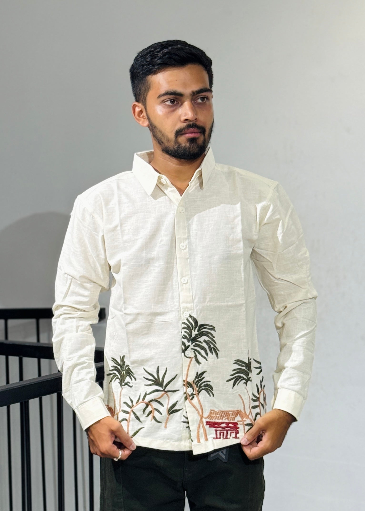OB 748B Cream Embroidery Shirts (Copy)