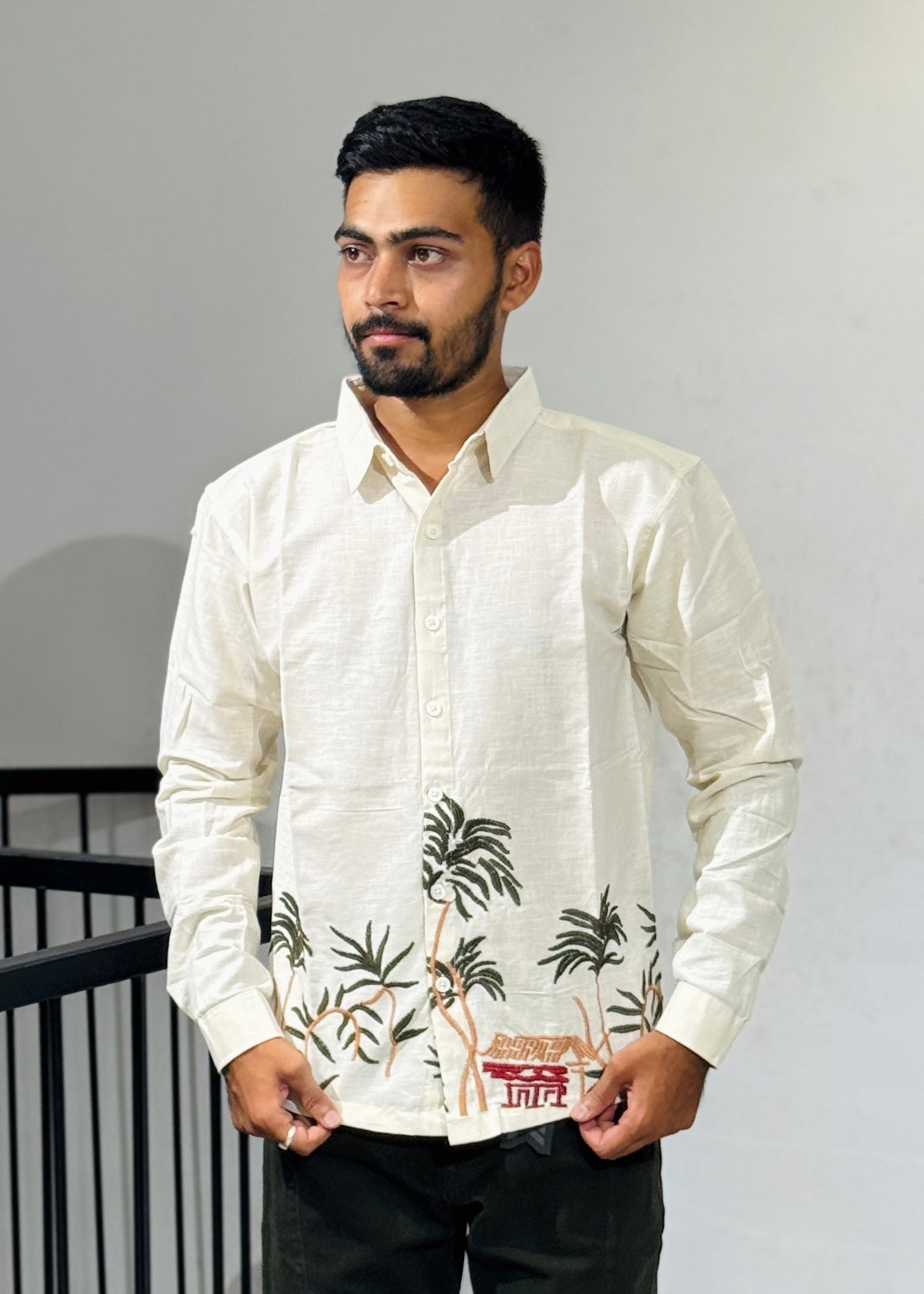 OB 748B Cream Embroidery Shirts (Copy)