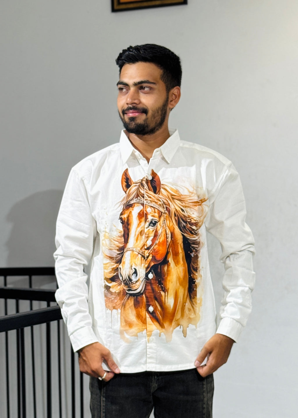 TGT 623 Hourse Print Down Shoulder Shirt