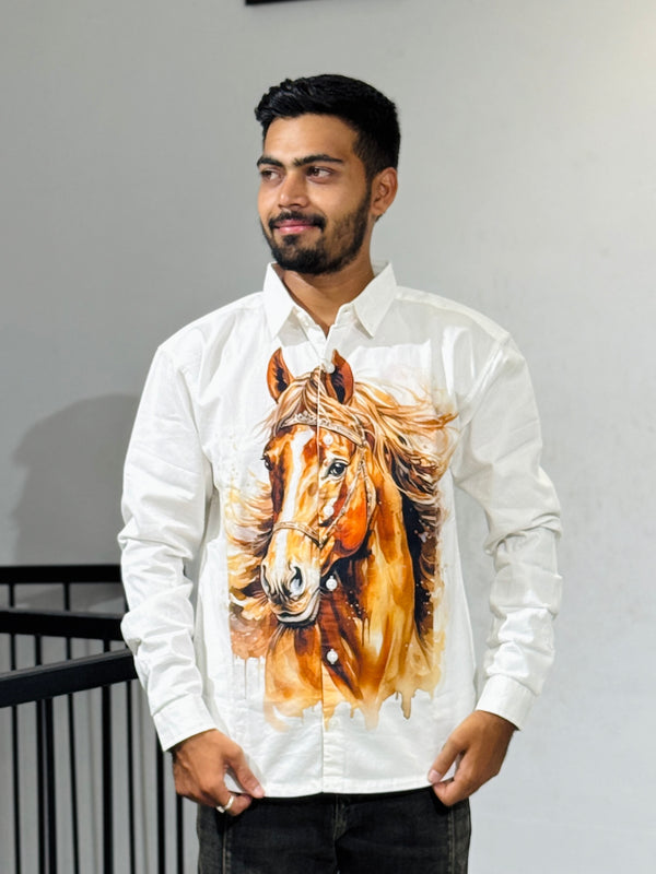 TGT 623 Hourse Print Down Shoulder Shirt
