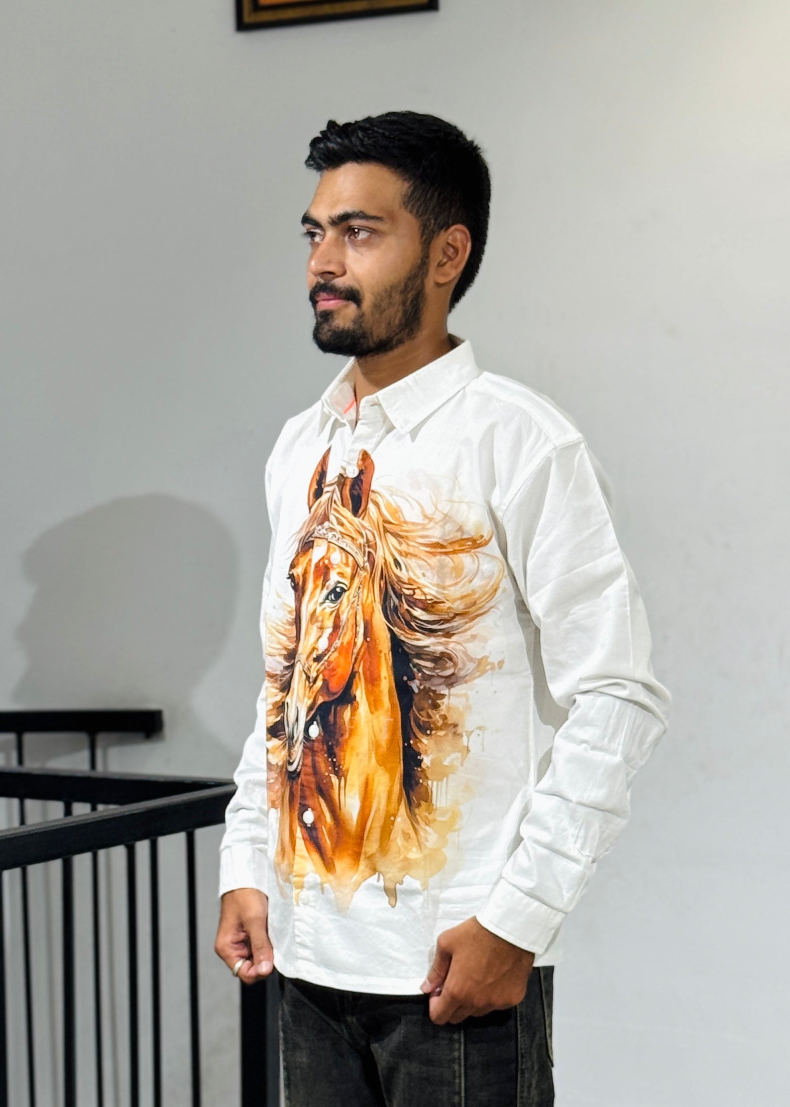 TGT 623 Hourse Print Down Shoulder Shirt
