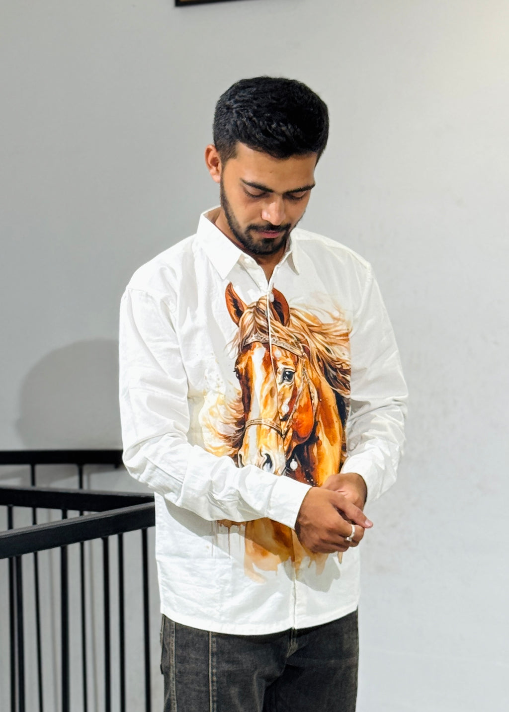 TGT 623 Hourse Print Down Shoulder Shirt