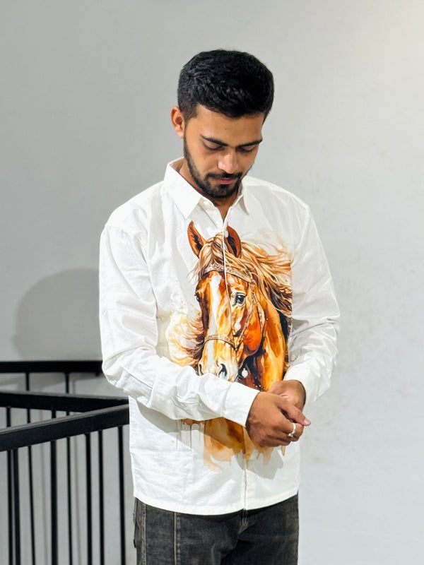 TGT 623 Hourse Print Down Shoulder Shirt