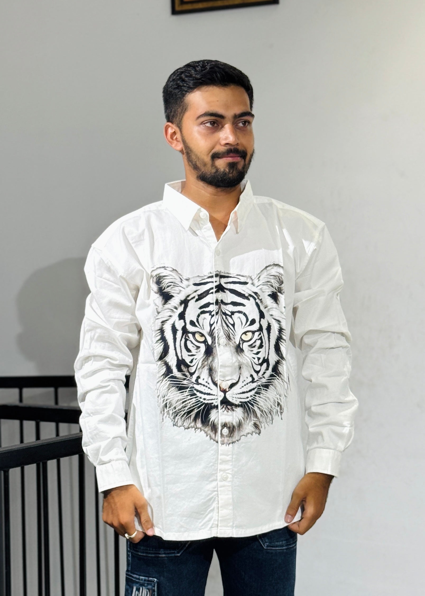 TGT 623 Tigar Print Down Shoulder Shirt