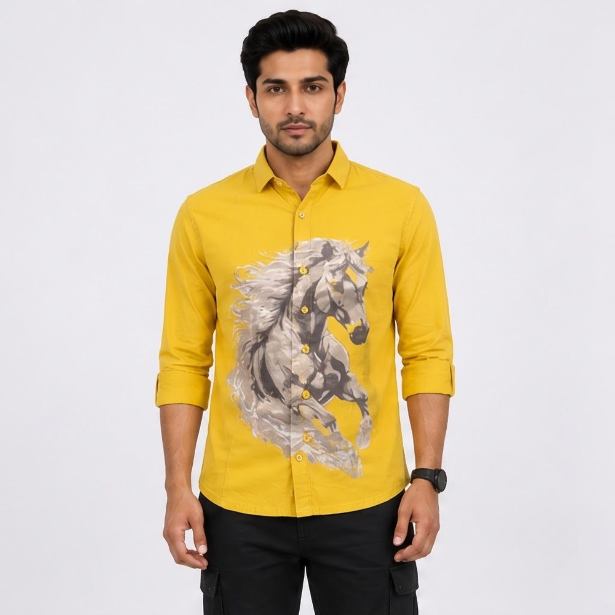TGT 727-2 HOURSE PRINTED YELLOW SHIRT
