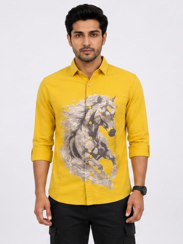 TGT 727-2 HOURSE PRINTED YELLOW SHIRT