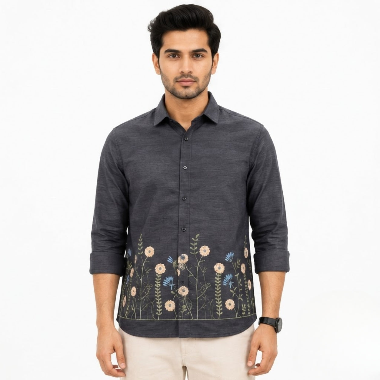 OB-747 BLACK EMBROIDERY SHIRT