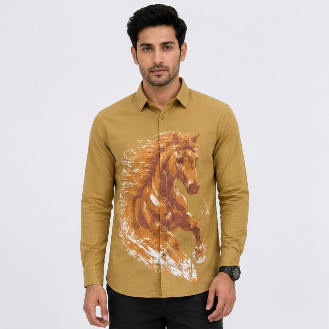 TGT 727-2 HOURSE PRINTED KHAKHI SHIRT