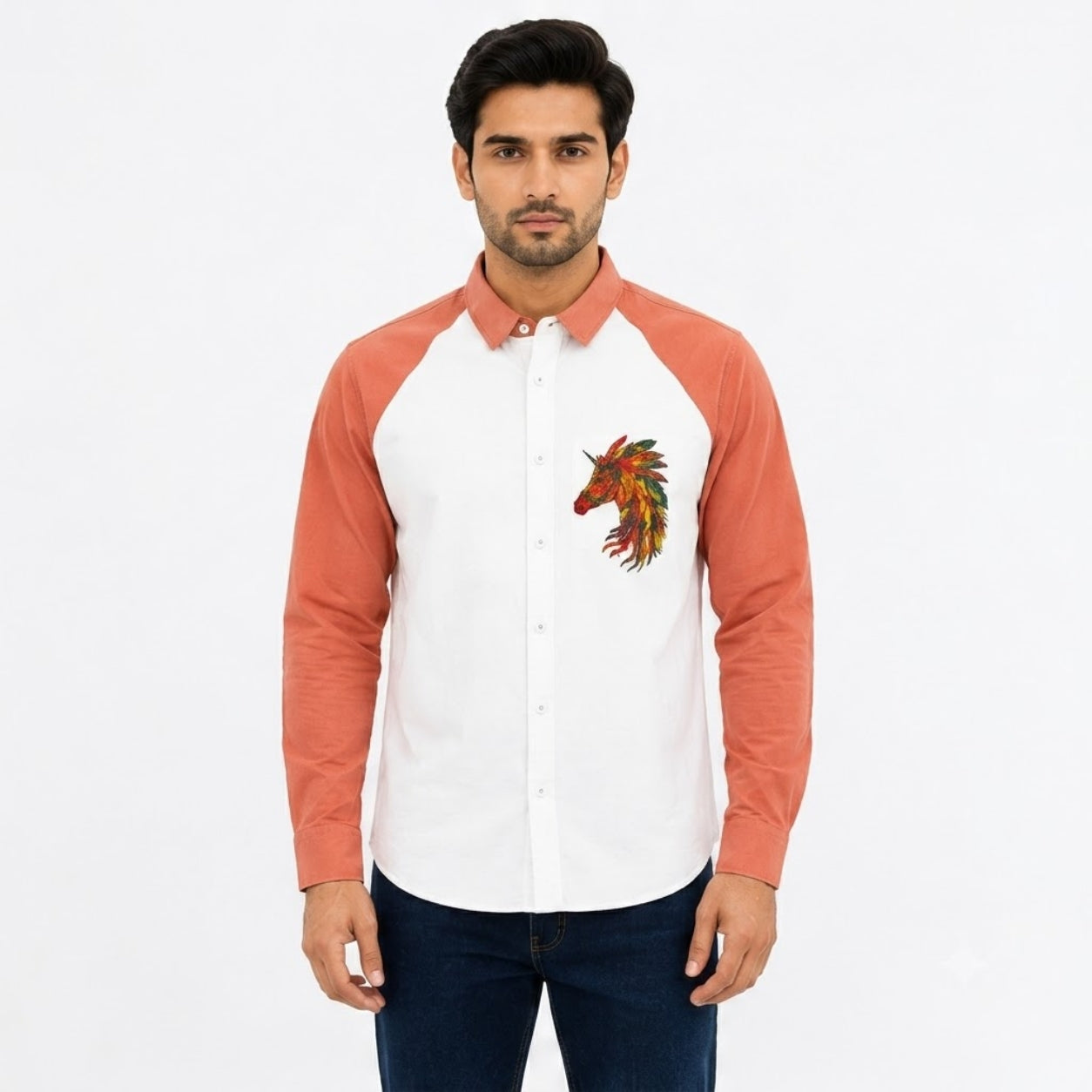 TRU F0018 WHITE RUST HOURSE KOREAN FIT SHIRT