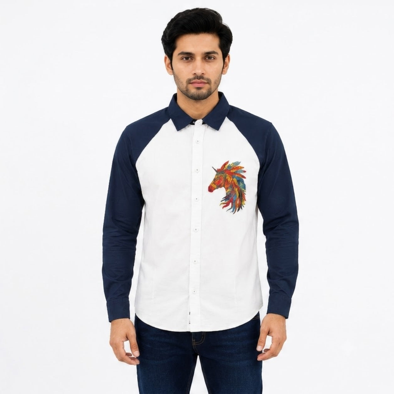 TRU F0018 WJITE NAVY HOURSE KOREAN FIT SHIRT