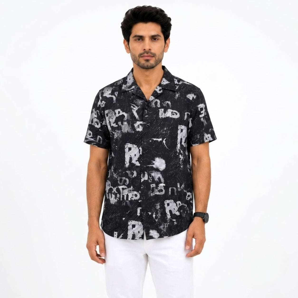 BB-6801 BLACK SMART FIT PRINTED SHIRT