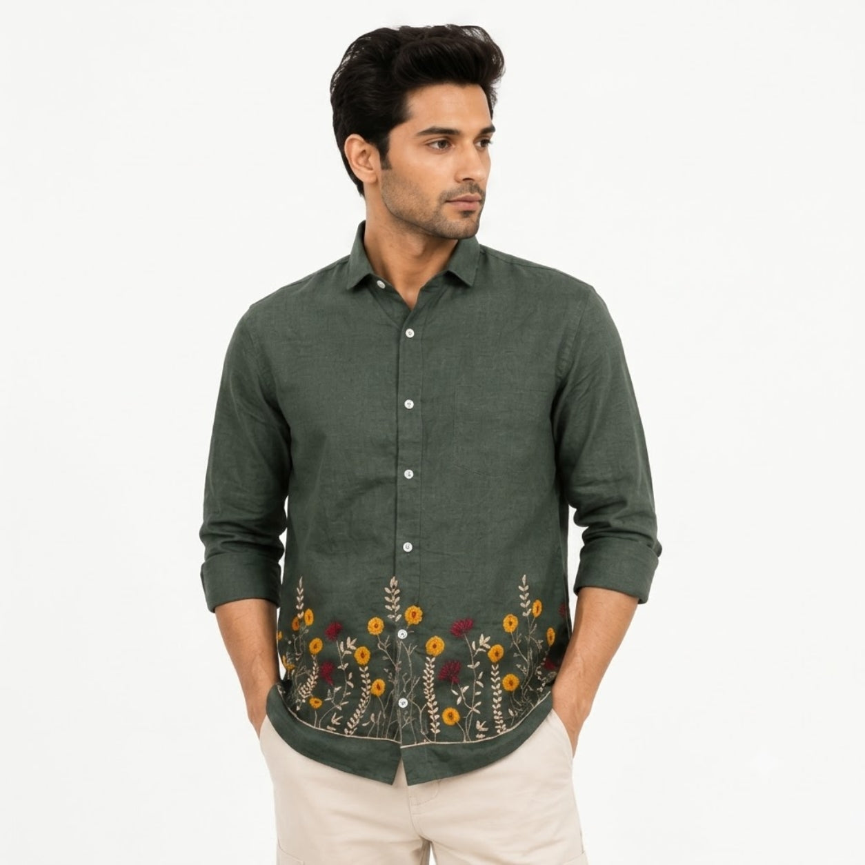 OB-747 GREEN EMBROIDERY SHIRT