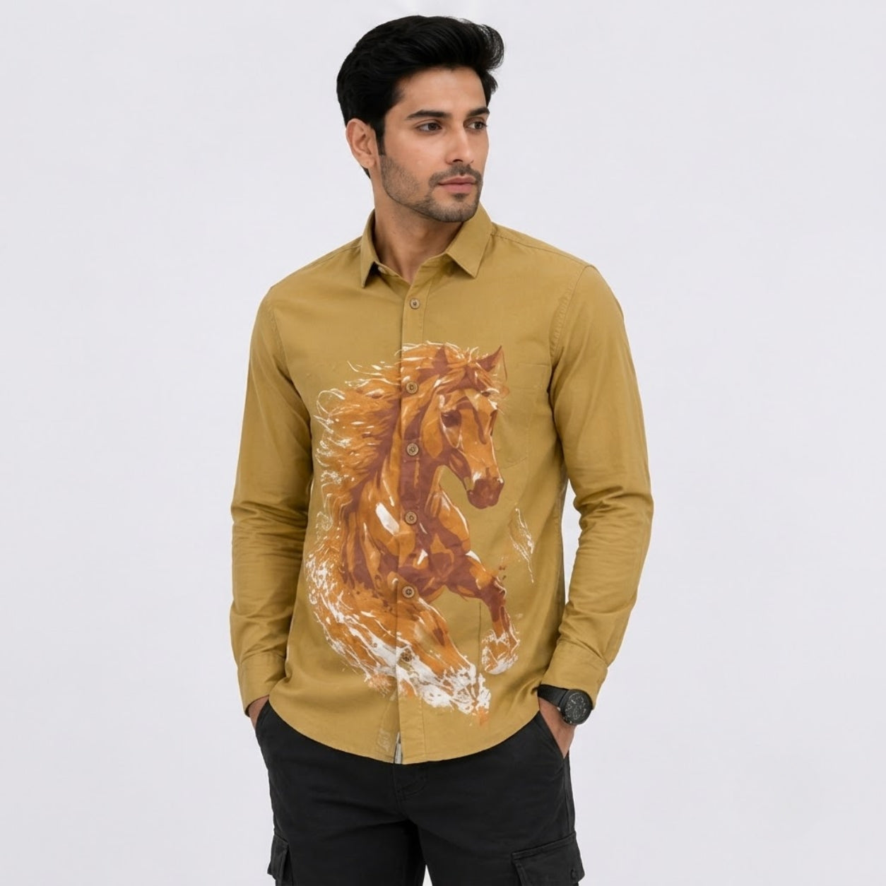 TGT 727-2 HOURSE PRINTED KHAKHI SHIRT