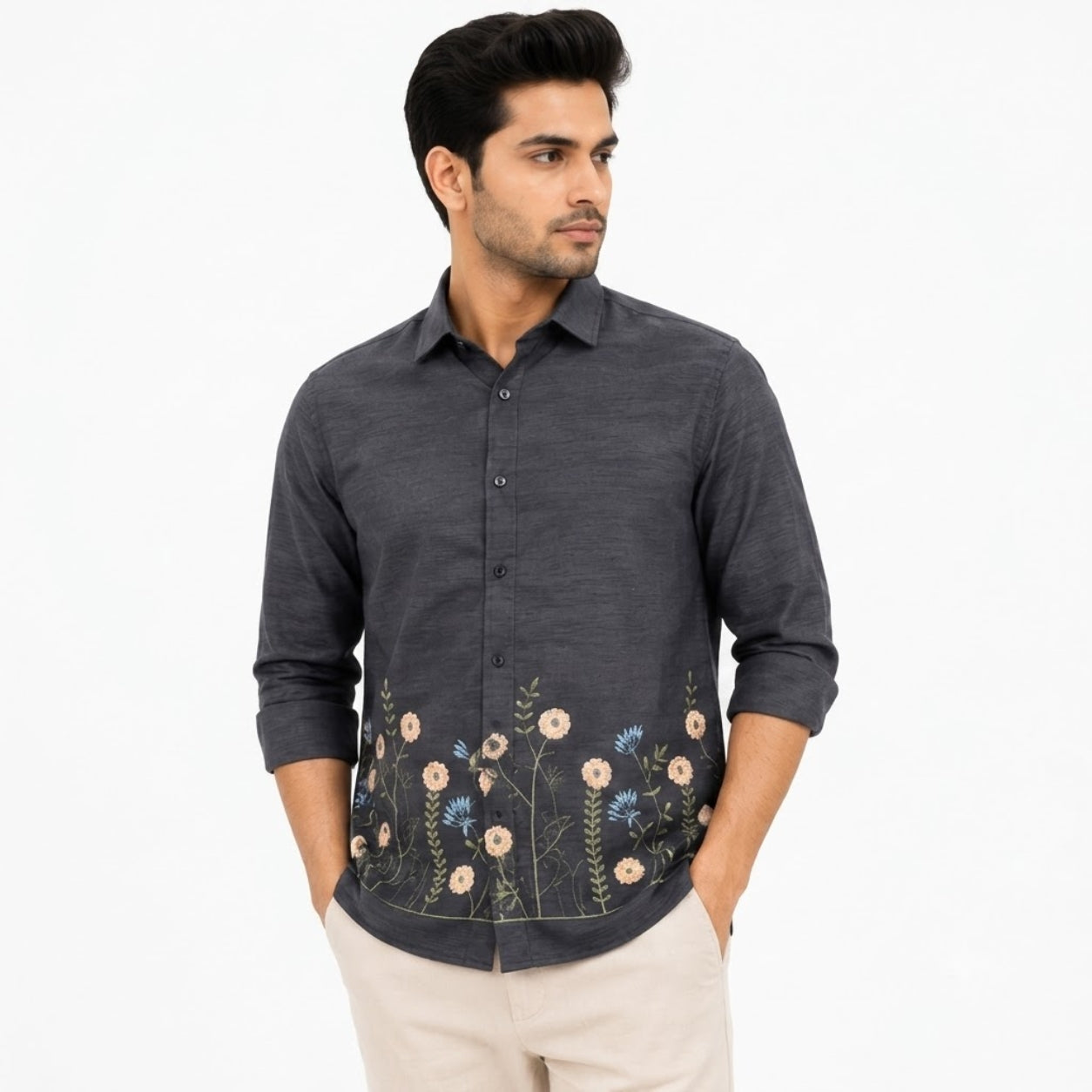 OB-747 BLACK EMBROIDERY SHIRT