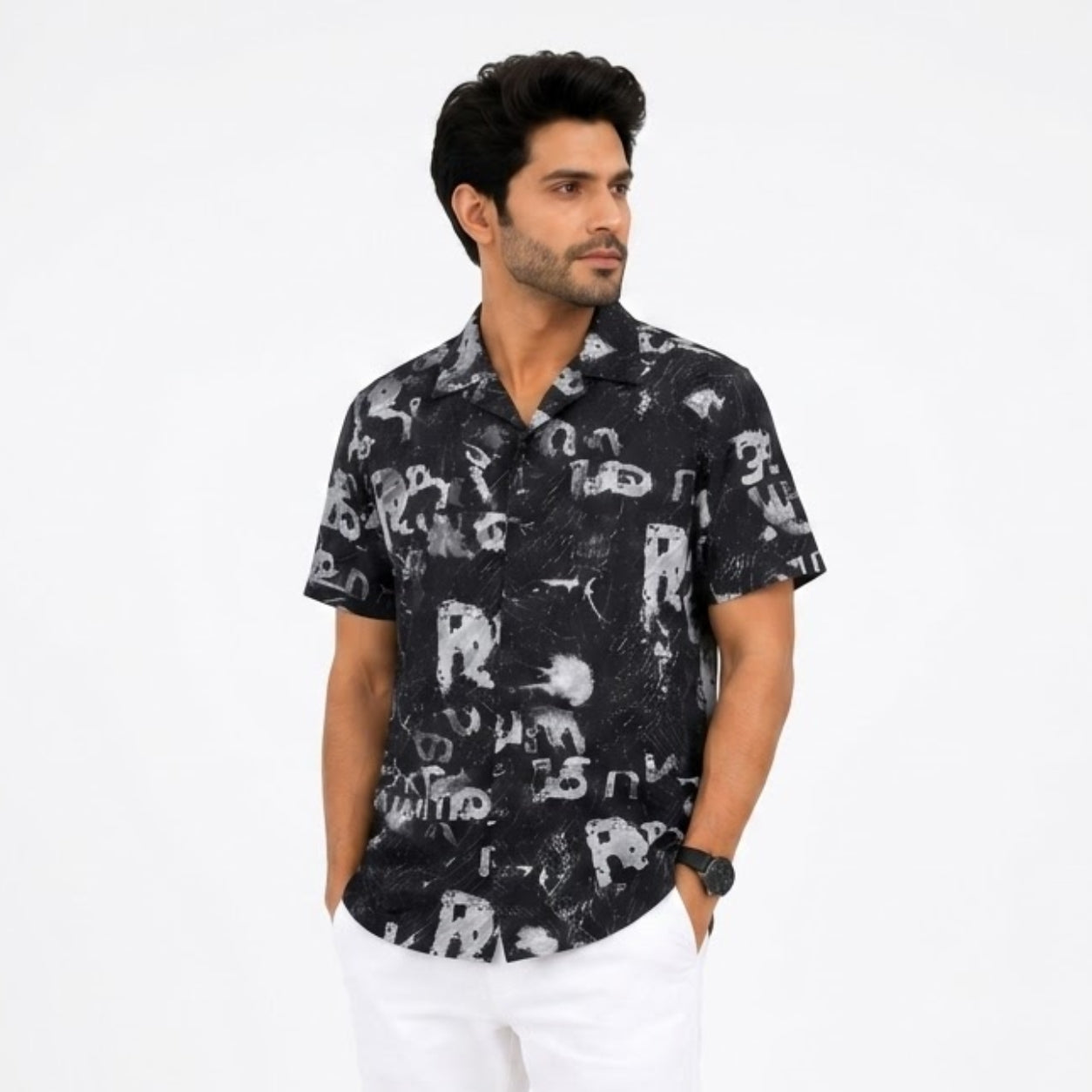 BB-6801 BLACK SMART FIT PRINTED SHIRT