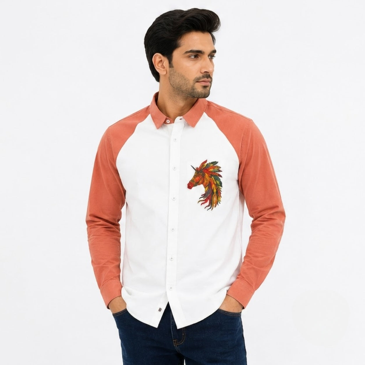 TRU F0018 WHITE RUST HOURSE KOREAN FIT SHIRT