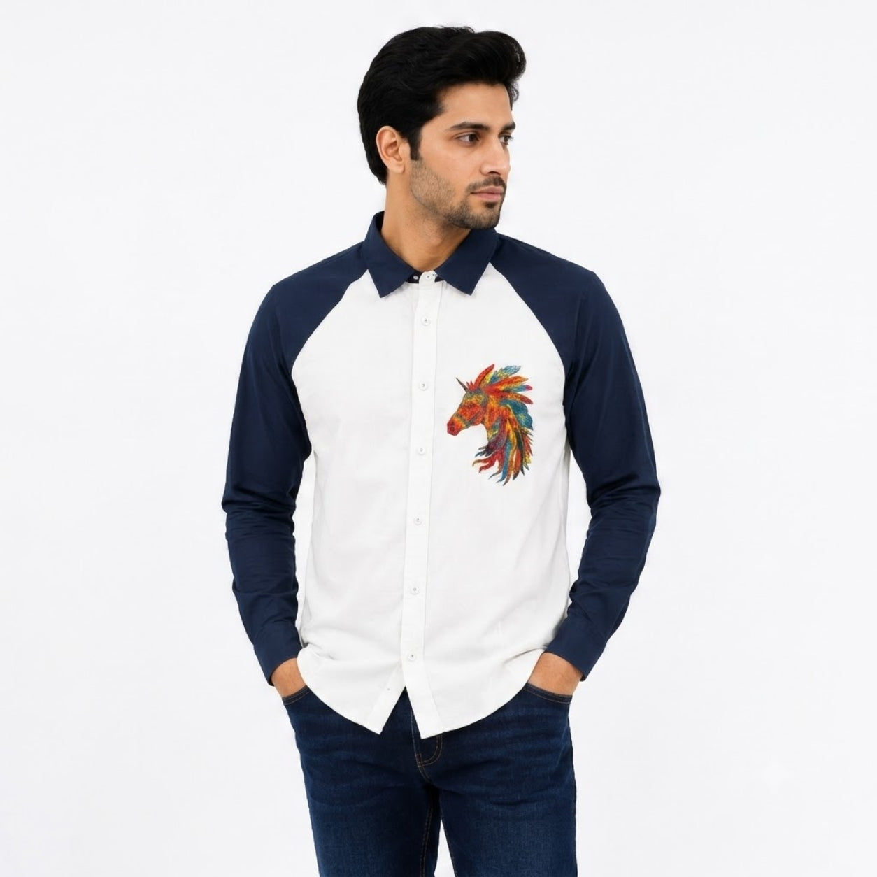 TRU F0018 WJITE NAVY HOURSE KOREAN FIT SHIRT