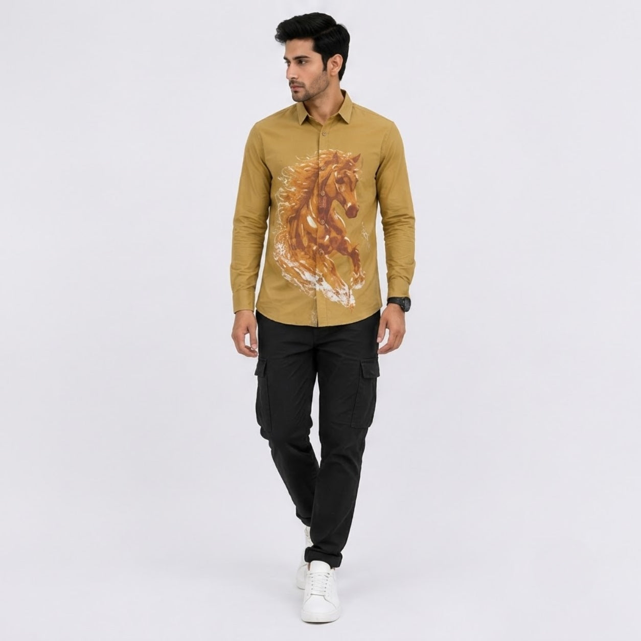 TGT 727-2 HOURSE PRINTED KHAKHI SHIRT