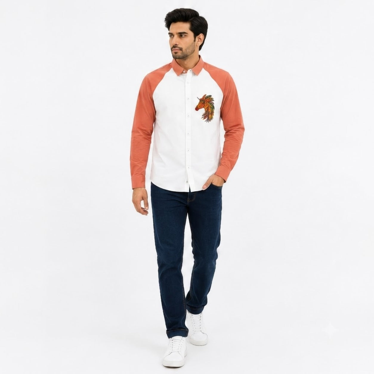 TRU F0018 WHITE RUST HOURSE KOREAN FIT SHIRT