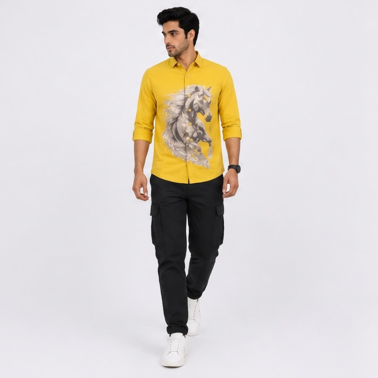 TGT 727-2 HOURSE PRINTED YELLOW SHIRT