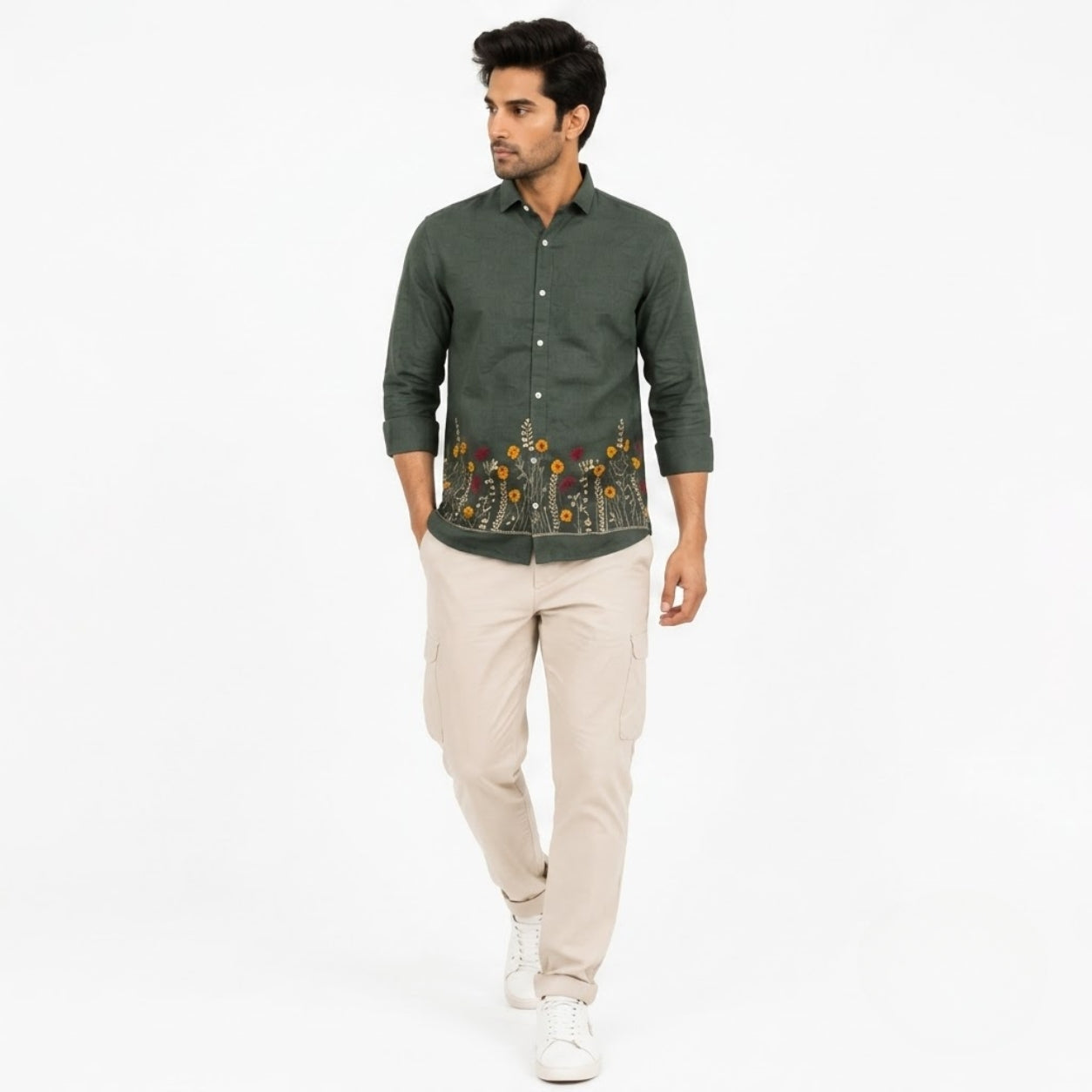 OB-747 GREEN EMBROIDERY SHIRT
