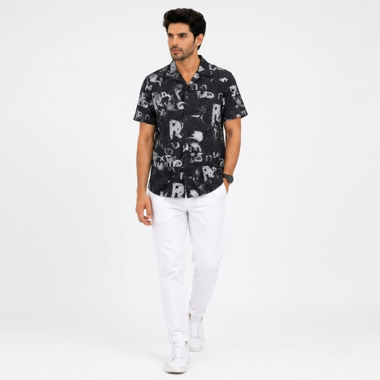 BB-6801 BLACK SMART FIT PRINTED SHIRT