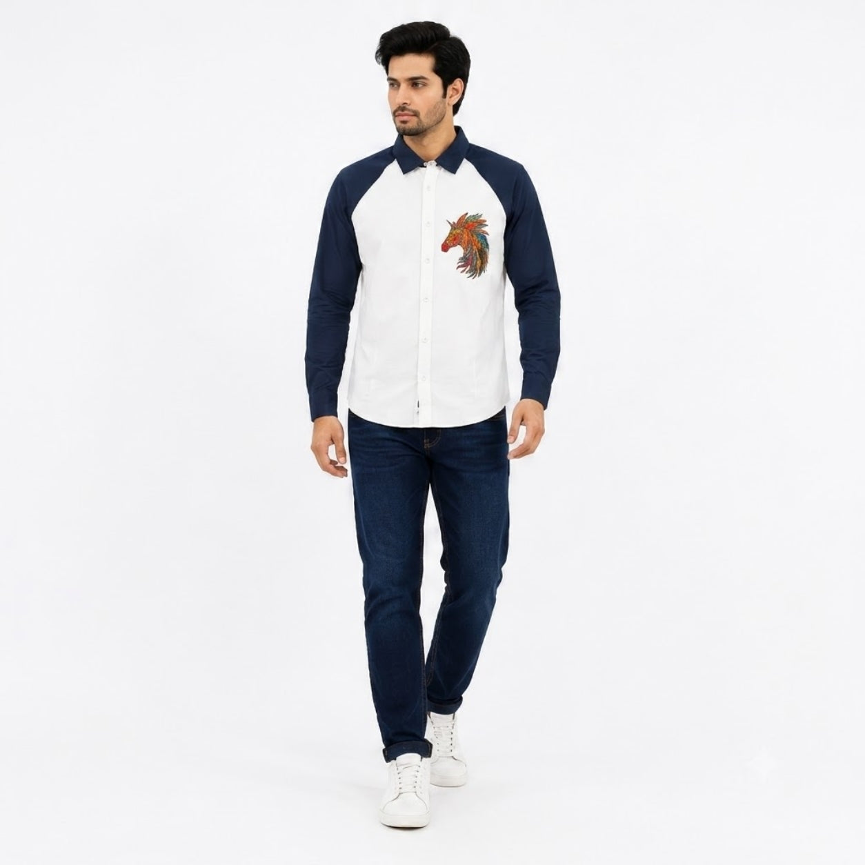 TRU F0018 WJITE NAVY HOURSE KOREAN FIT SHIRT