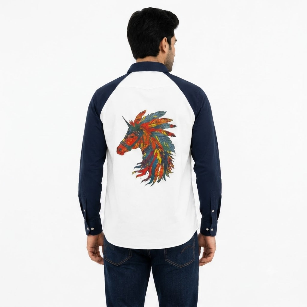 TRU F0018 WJITE NAVY HOURSE KOREAN FIT SHIRT