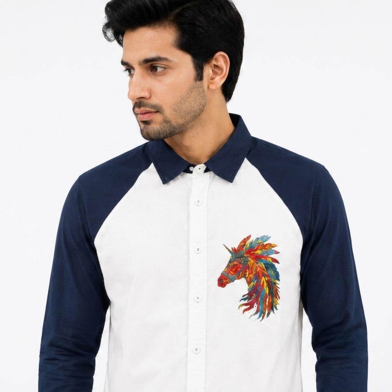 TRU F0018 WJITE NAVY HOURSE KOREAN FIT SHIRT