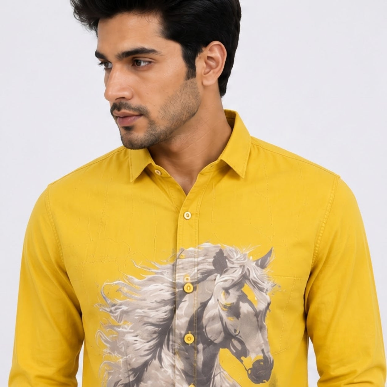 TGT 727-2 HOURSE PRINTED YELLOW SHIRT