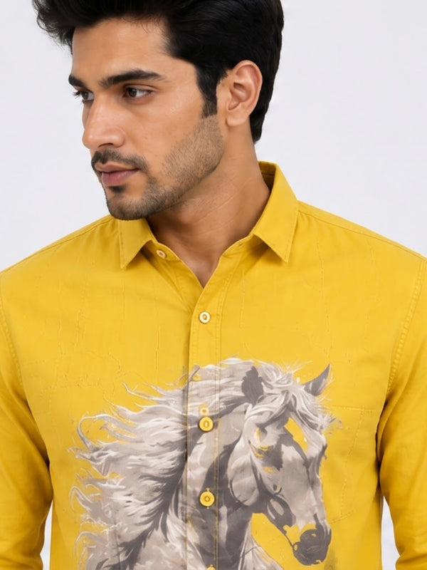 TGT 727-2 HOURSE PRINTED YELLOW SHIRT