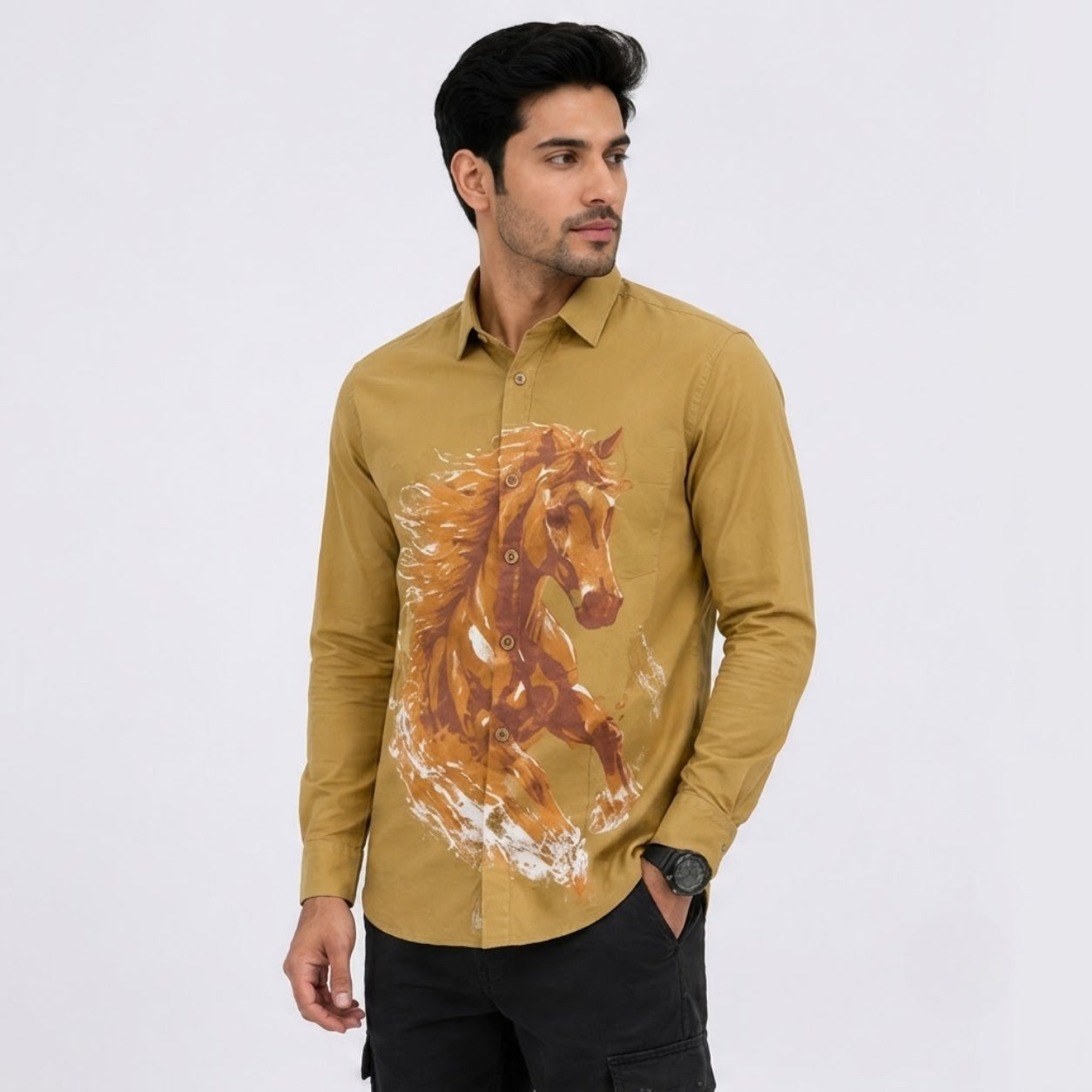 TGT 727-2 HOURSE PRINTED KHAKHI SHIRT