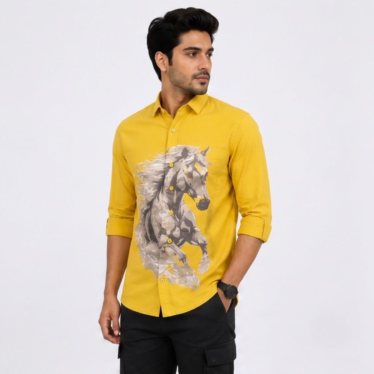 TGT 727-2 HOURSE PRINTED YELLOW SHIRT