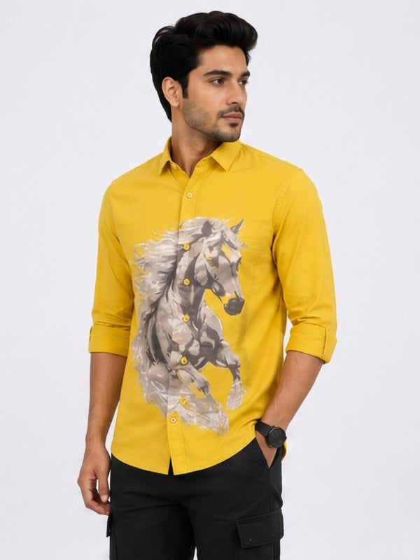 TGT 727-2 HOURSE PRINTED YELLOW SHIRT