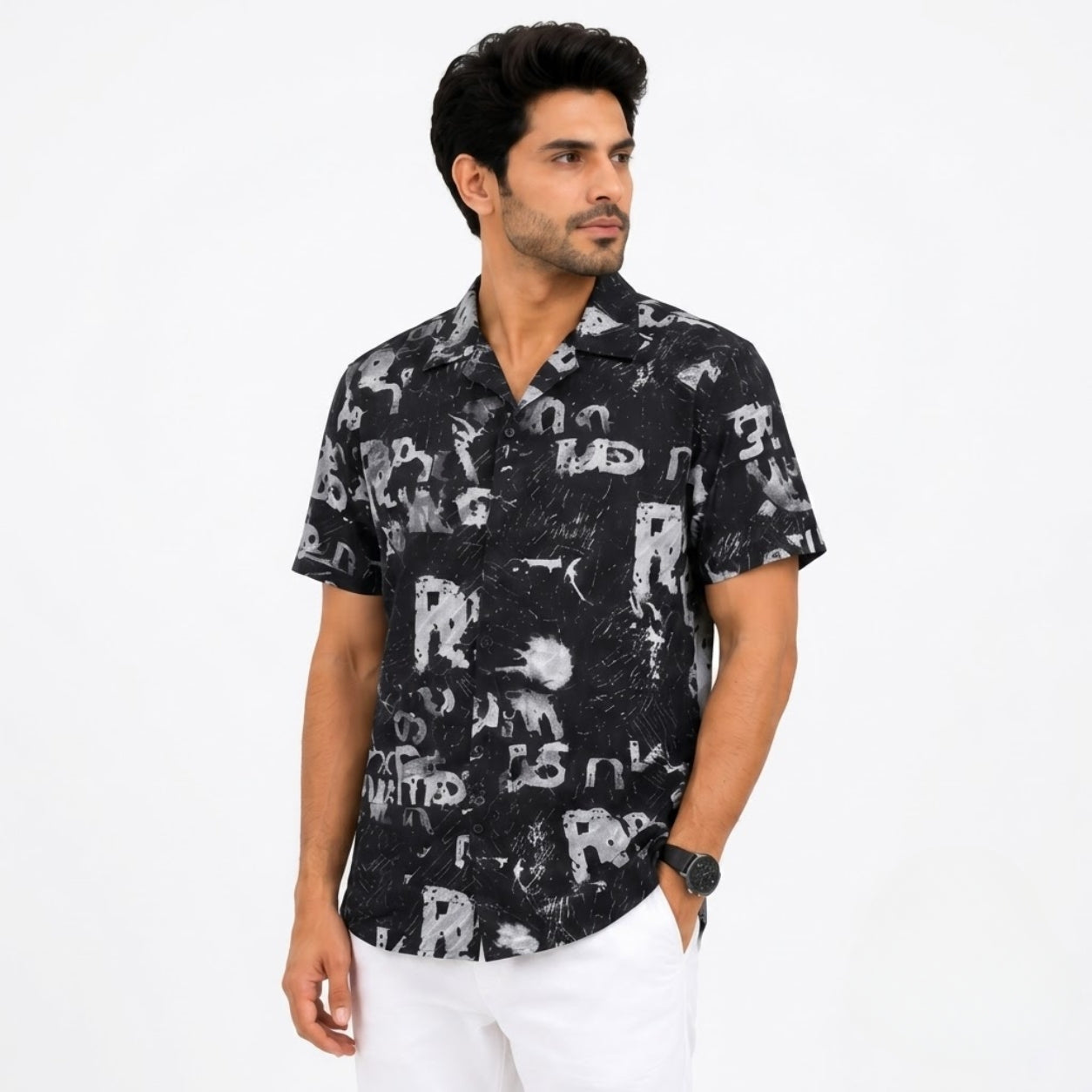 BB-6801 BLACK SMART FIT PRINTED SHIRT