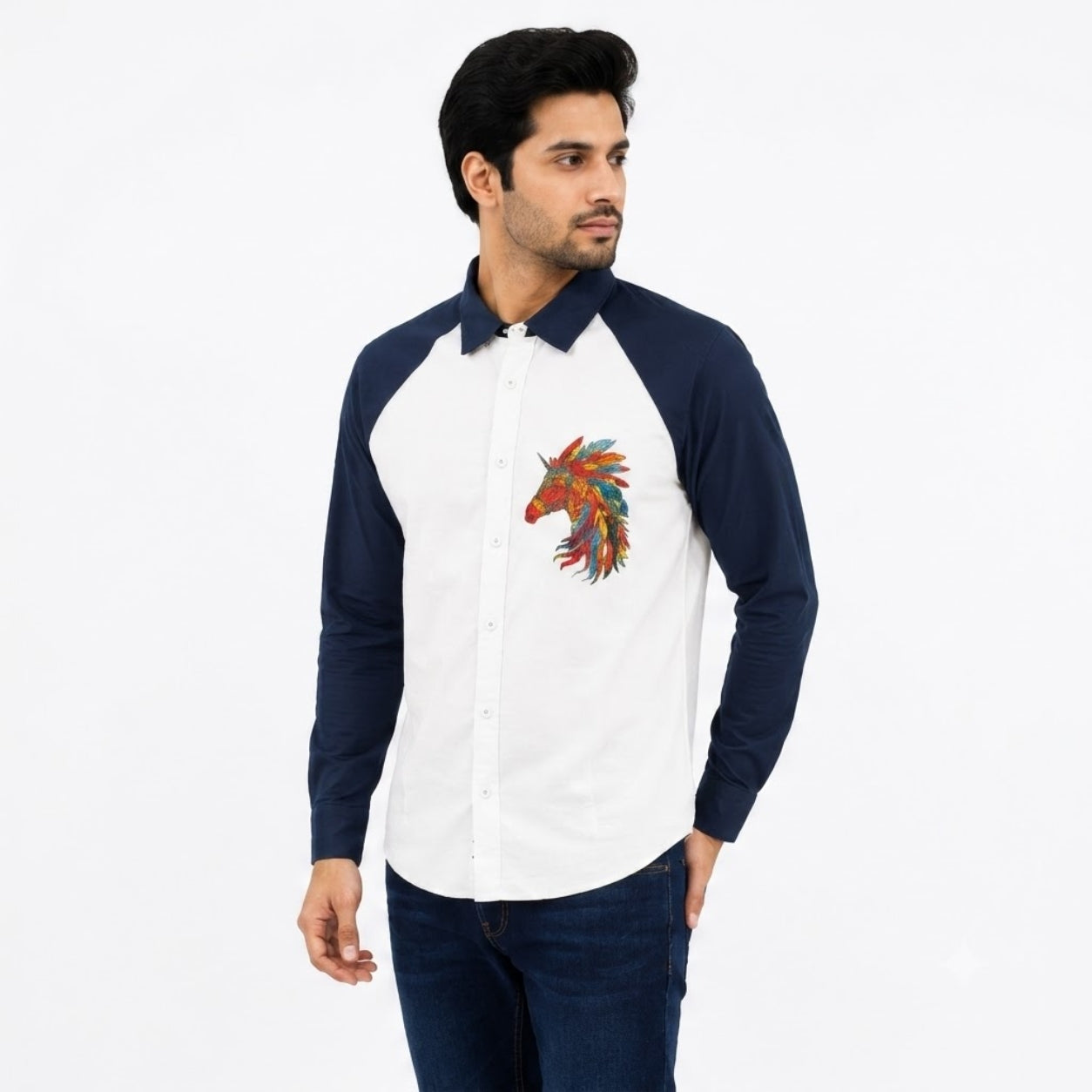 TRU F0018 WJITE NAVY HOURSE KOREAN FIT SHIRT