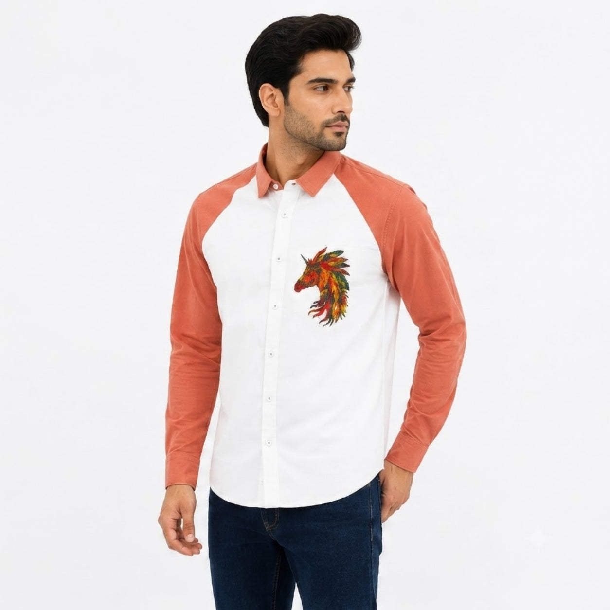 TRU F0018 WHITE RUST HOURSE KOREAN FIT SHIRT