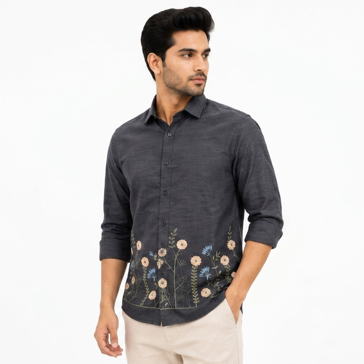 OB-747 BLACK EMBROIDERY SHIRT