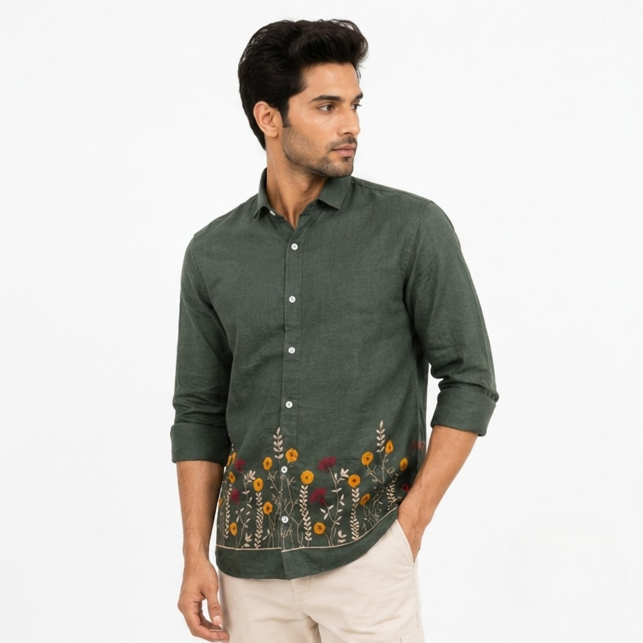 OB-747 GREEN EMBROIDERY SHIRT