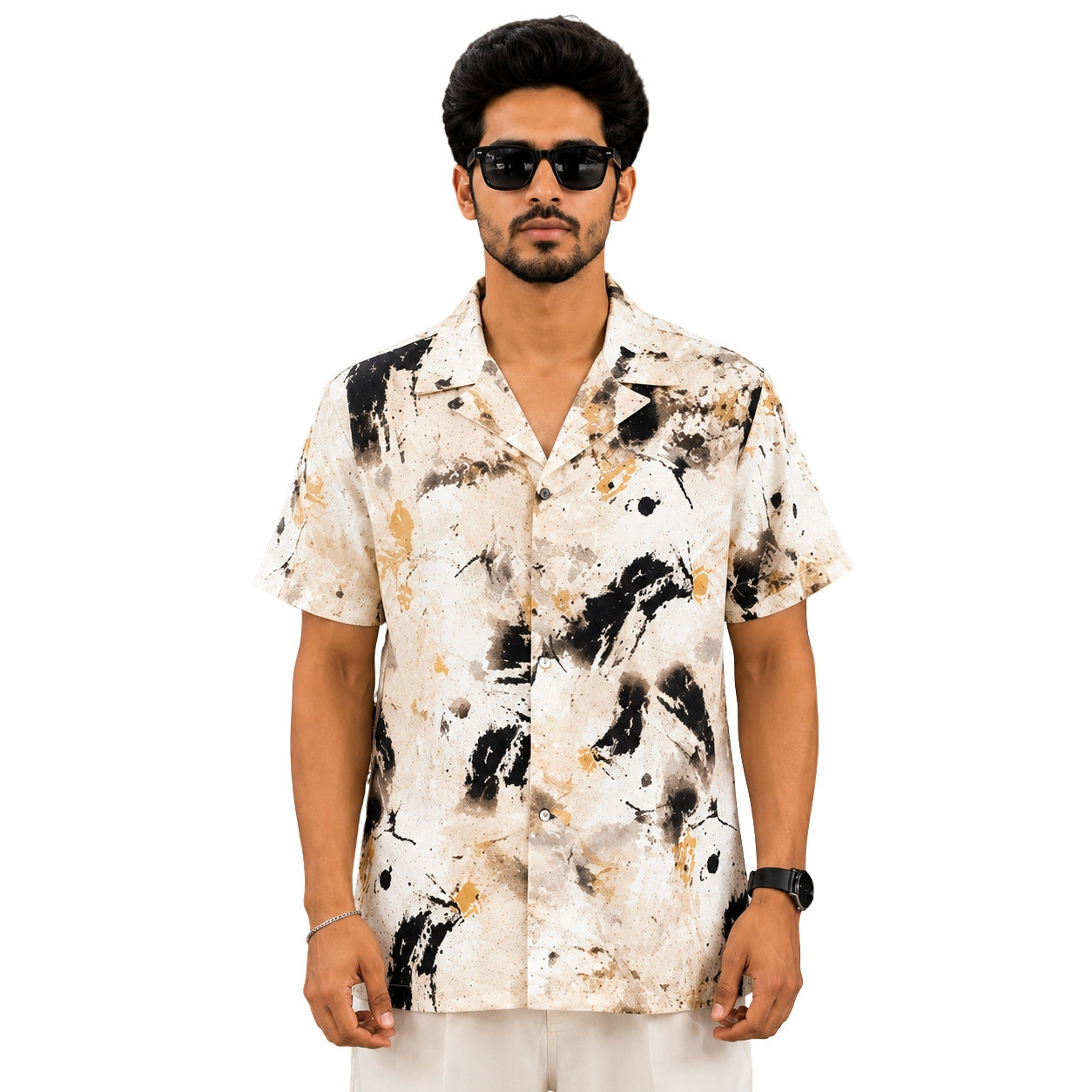 BB-6640 CREEAM BLACK PRINTED SMART FIT SHIRT
