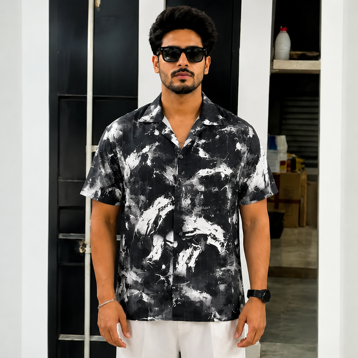 BB-6640 BLACK WHITE PRINTED SMART FIT SHIRT