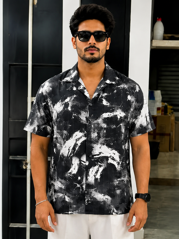 BB-6640 BLACK WHITE PRINTED SMART FIT SHIRT