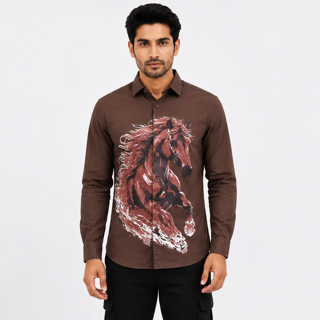 TGT 727-2 HOURSE PRINTED BROWN SHIRT
