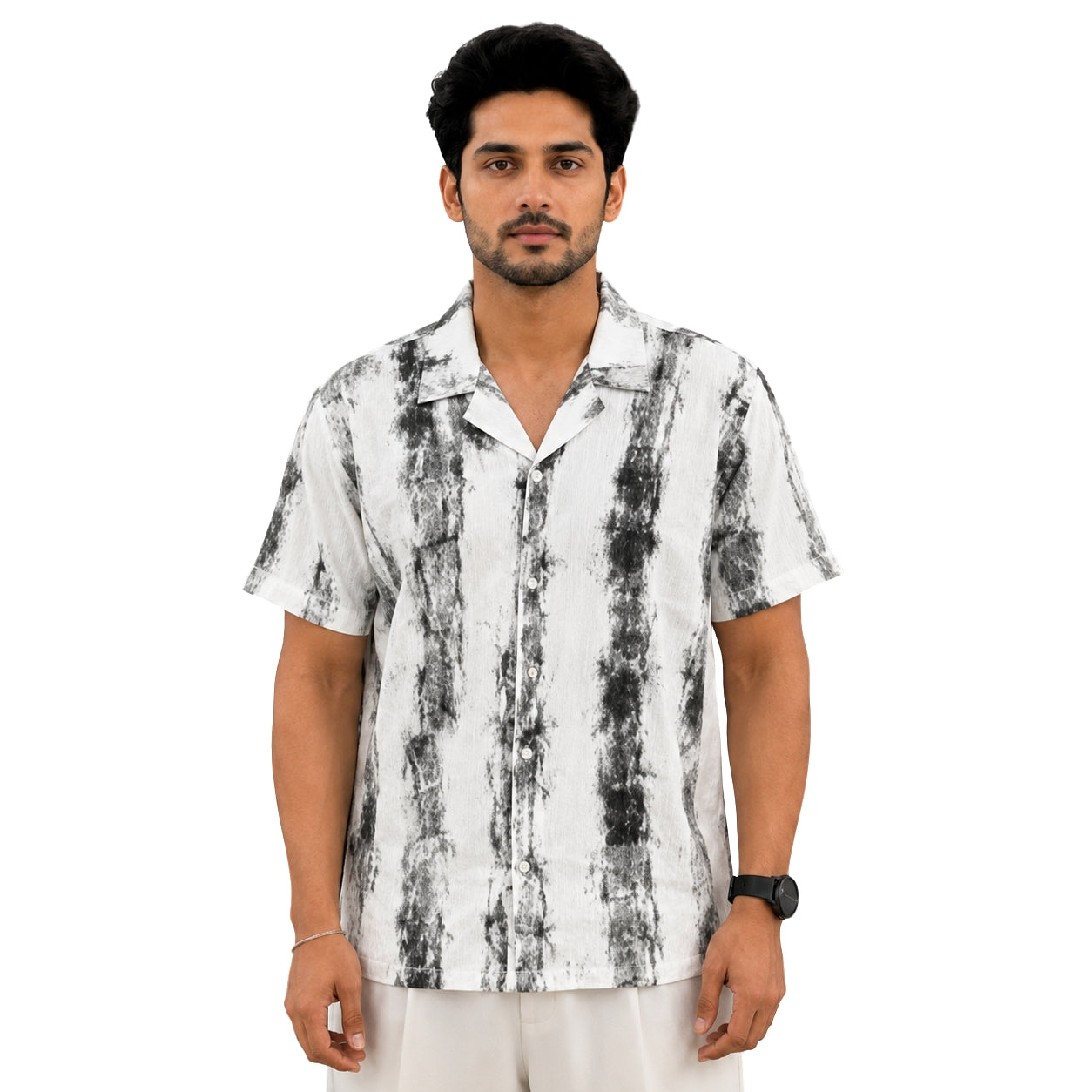 BB-6639 WHITE BLACK PRINTED SMART FIT SHIRT