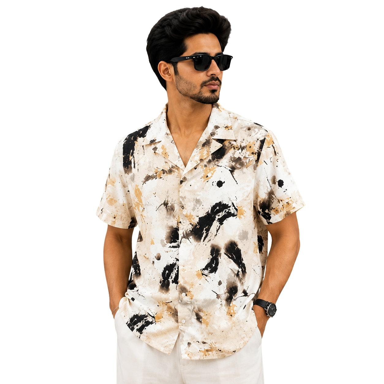 BB-6640 CREEAM BLACK PRINTED SMART FIT SHIRT