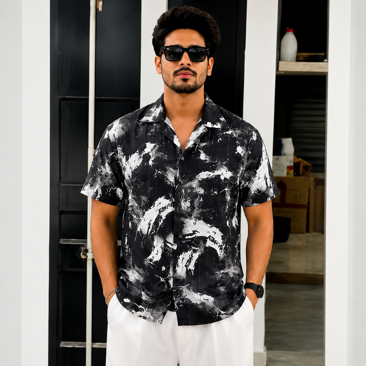 BB-6640 BLACK WHITE PRINTED SMART FIT SHIRT